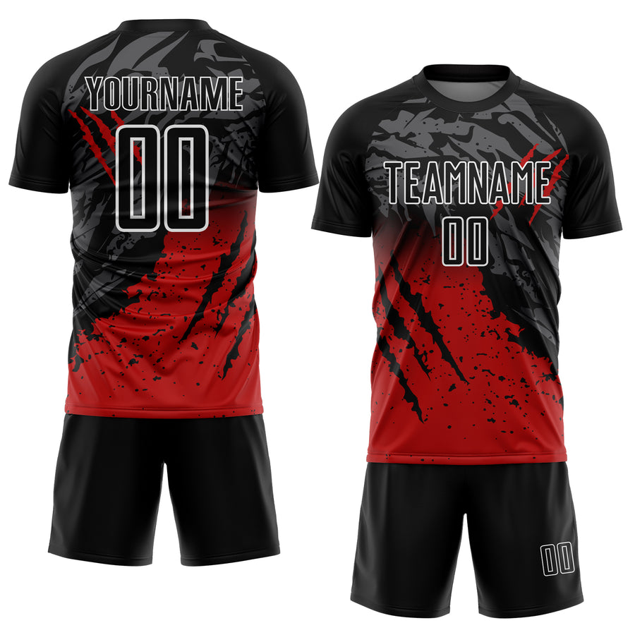 Custom Black Red-White Gradient Scratch Splash Sublimation Soccer Uniform Jersey