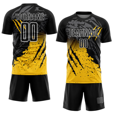 Custom Black Yellow-White Gradient Scratch Splash Sublimation Soccer Uniform Jersey