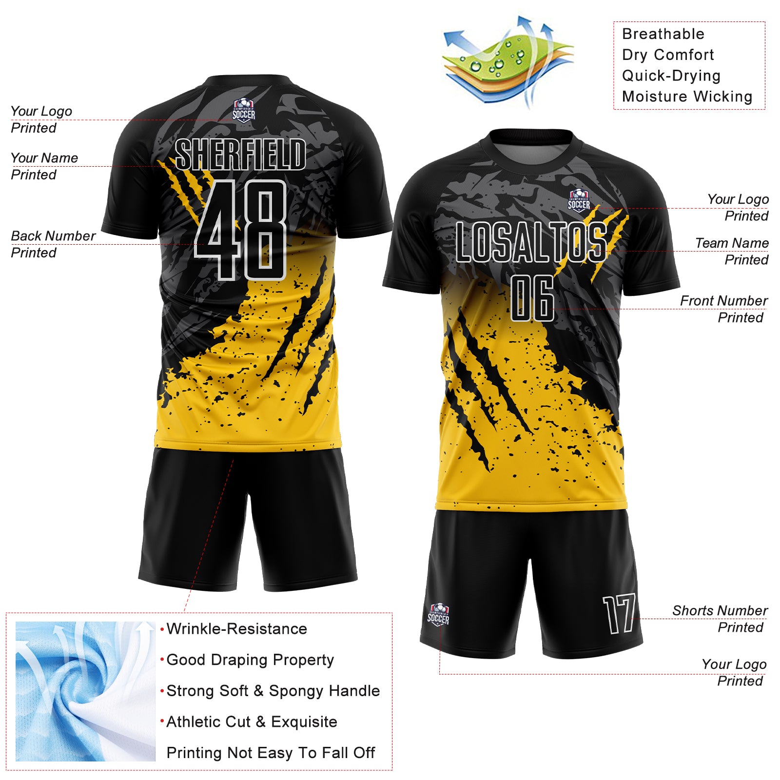 Custom Black Yellow-White Gradient Scratch Splash Sublimation Soccer Uniform Jersey