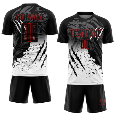 Custom Black White-Red Gradient Scratch Splash Sublimation Soccer Uniform Jersey
