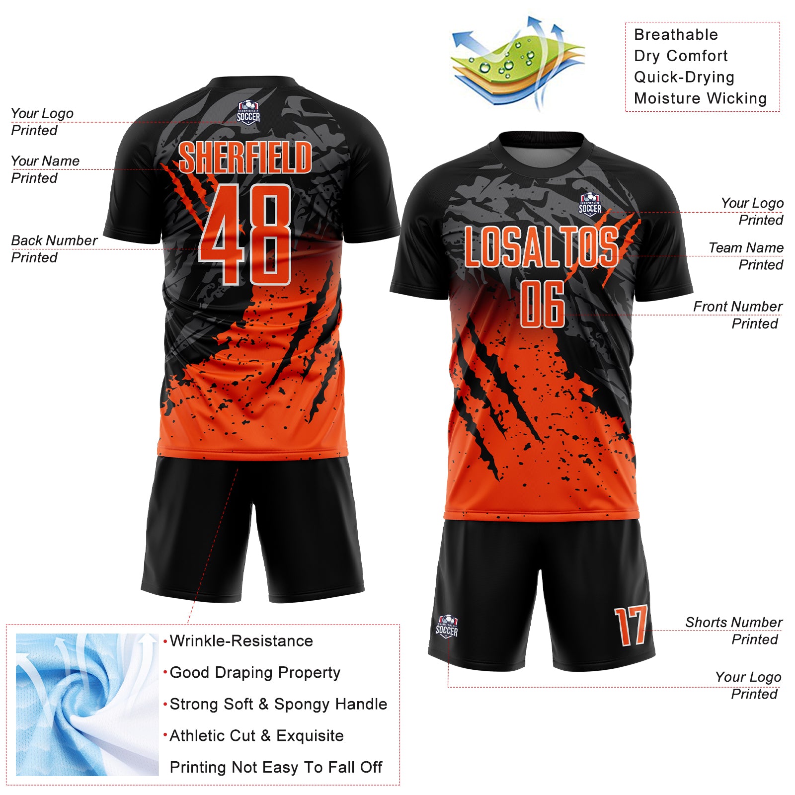 Custom Black Orange-White Gradient Scratch Splash Sublimation Soccer Uniform Jersey
