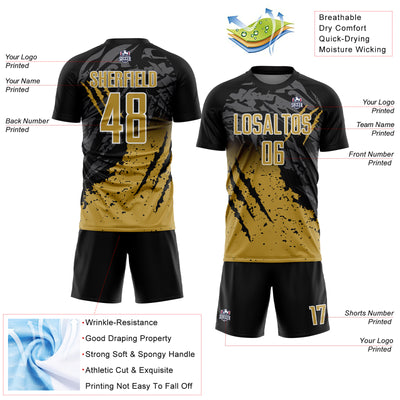 Custom Black Old Gold-White Gradient Scratch Splash Sublimation Soccer Uniform Jersey