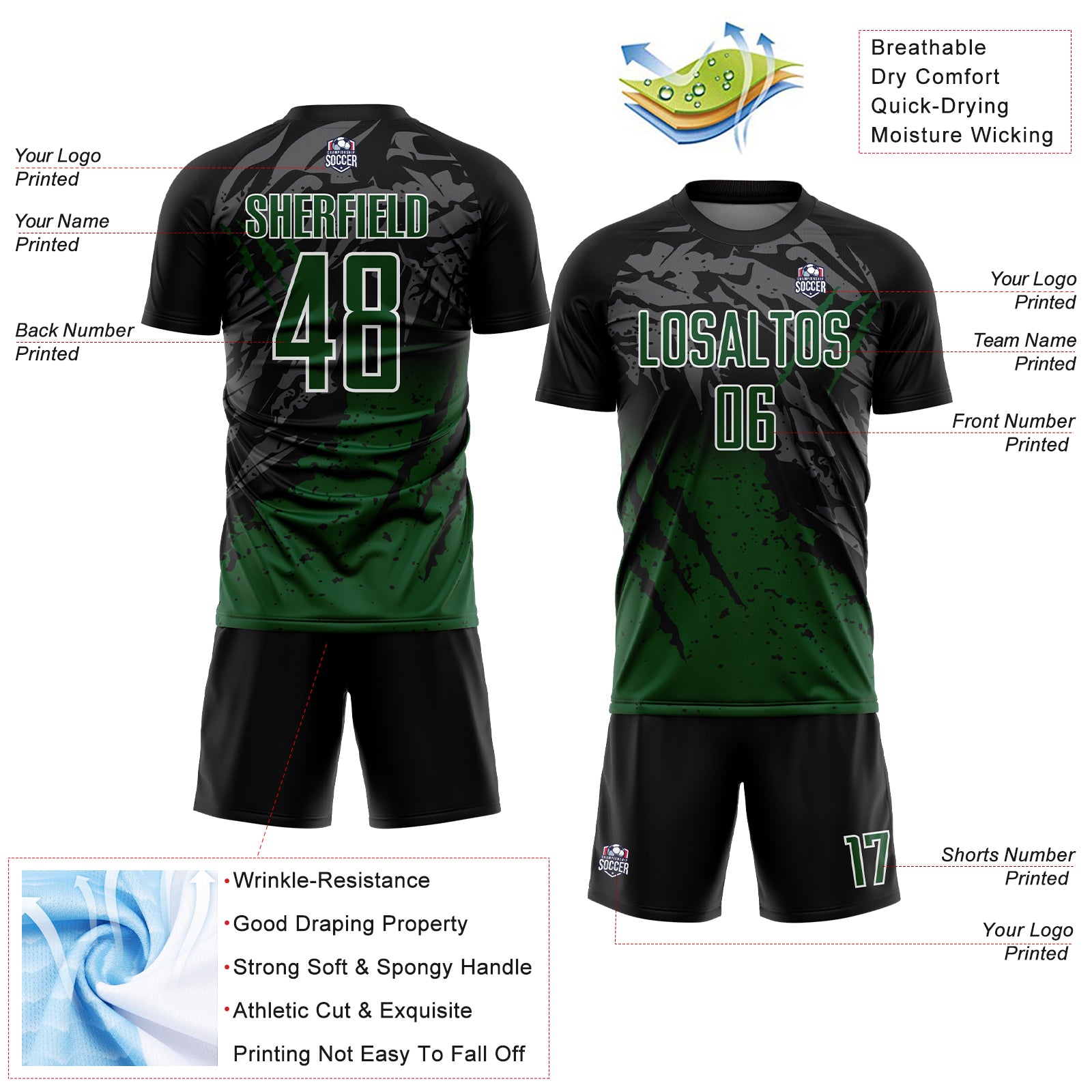Custom Black Green-White Gradient Scratch Splash Sublimation Soccer Uniform Jersey