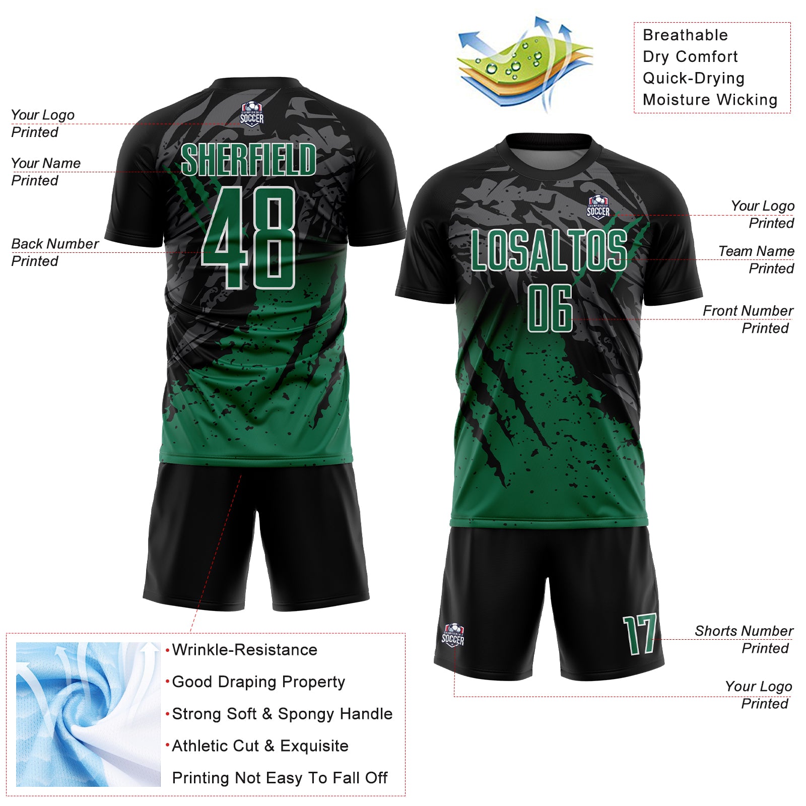 Custom Black Kelly Green-White Gradient Scratch Splash Sublimation Soccer Uniform Jersey