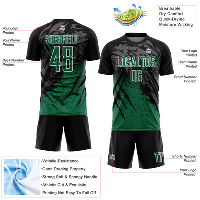 Custom Black Kelly Green-White Gradient Scratch Splash Sublimation Soccer Uniform Jersey
