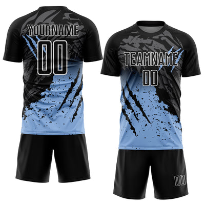 Custom Black Light Blue-White Gradient Scratch Splash Sublimation Soccer Uniform Jersey