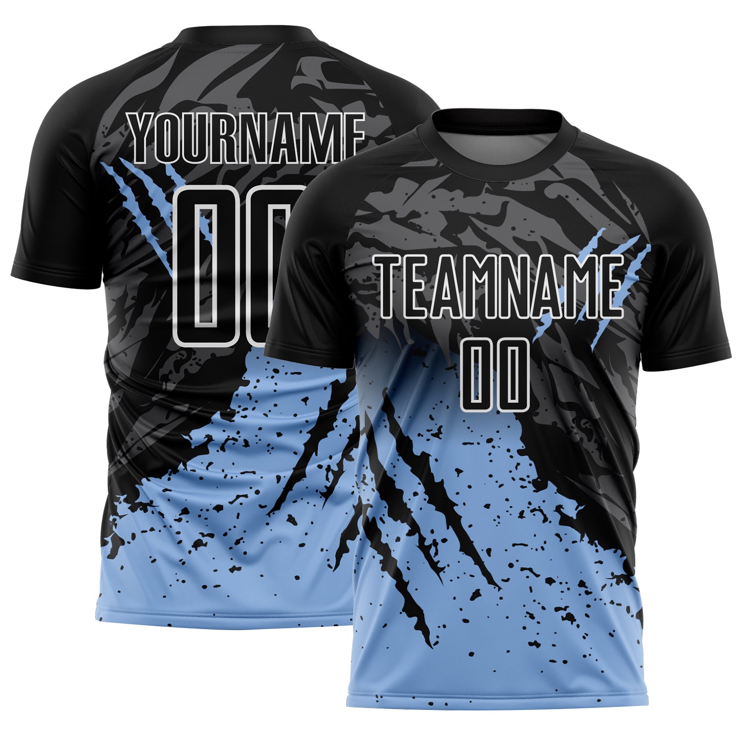 Custom Black Light Blue-White Gradient Scratch Splash Sublimation Soccer Uniform Jersey