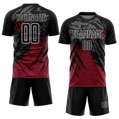 Custom Black Crimson-White Gradient Scratch Splash Sublimation Soccer Uniform Jersey