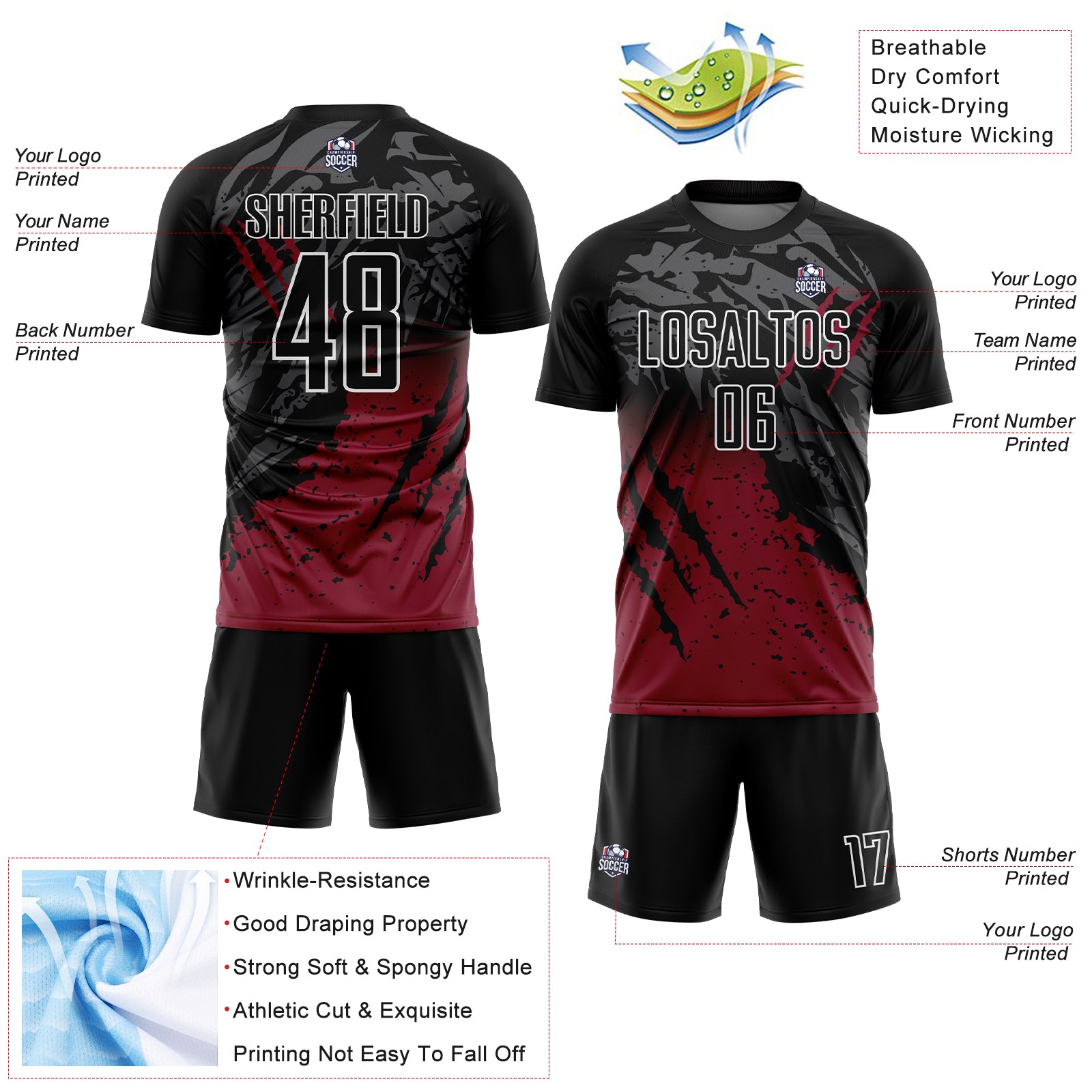 Custom Black Crimson-White Gradient Scratch Splash Sublimation Soccer Uniform Jersey