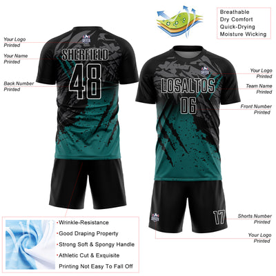 Custom Black Teal-White Gradient Scratch Splash Sublimation Soccer Uniform Jersey