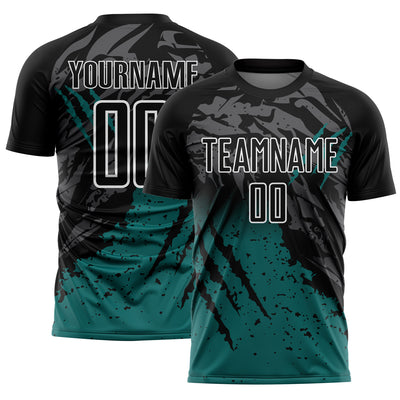 Custom Black Teal-White Gradient Scratch Splash Sublimation Soccer Uniform Jersey