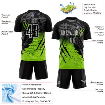 Custom Black Neon Green-White Gradient Scratch Splash Sublimation Soccer Uniform Jersey