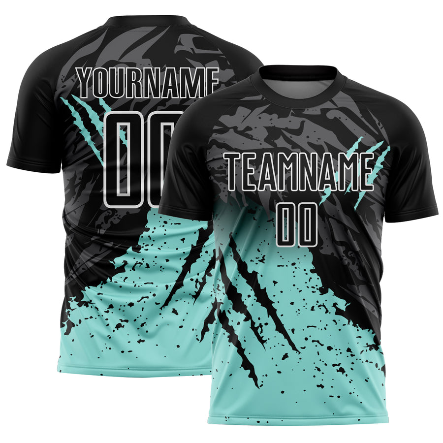 Custom Black Ice Blue-White Gradient Scratch Splash Sublimation Soccer Uniform Jersey