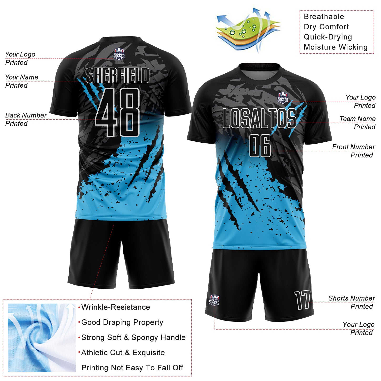 Custom Black Sky Blue-White Gradient Scratch Splash Sublimation Soccer Uniform Jersey
