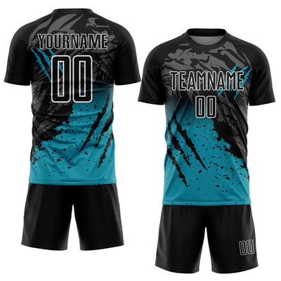 Custom Black Teal-White Gradient Scratch Splash Sublimation Soccer Uniform Jersey