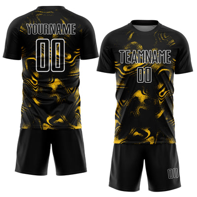 Custom Black Yellow-White Abstract Liquid Sublimation Soccer Uniform Jersey