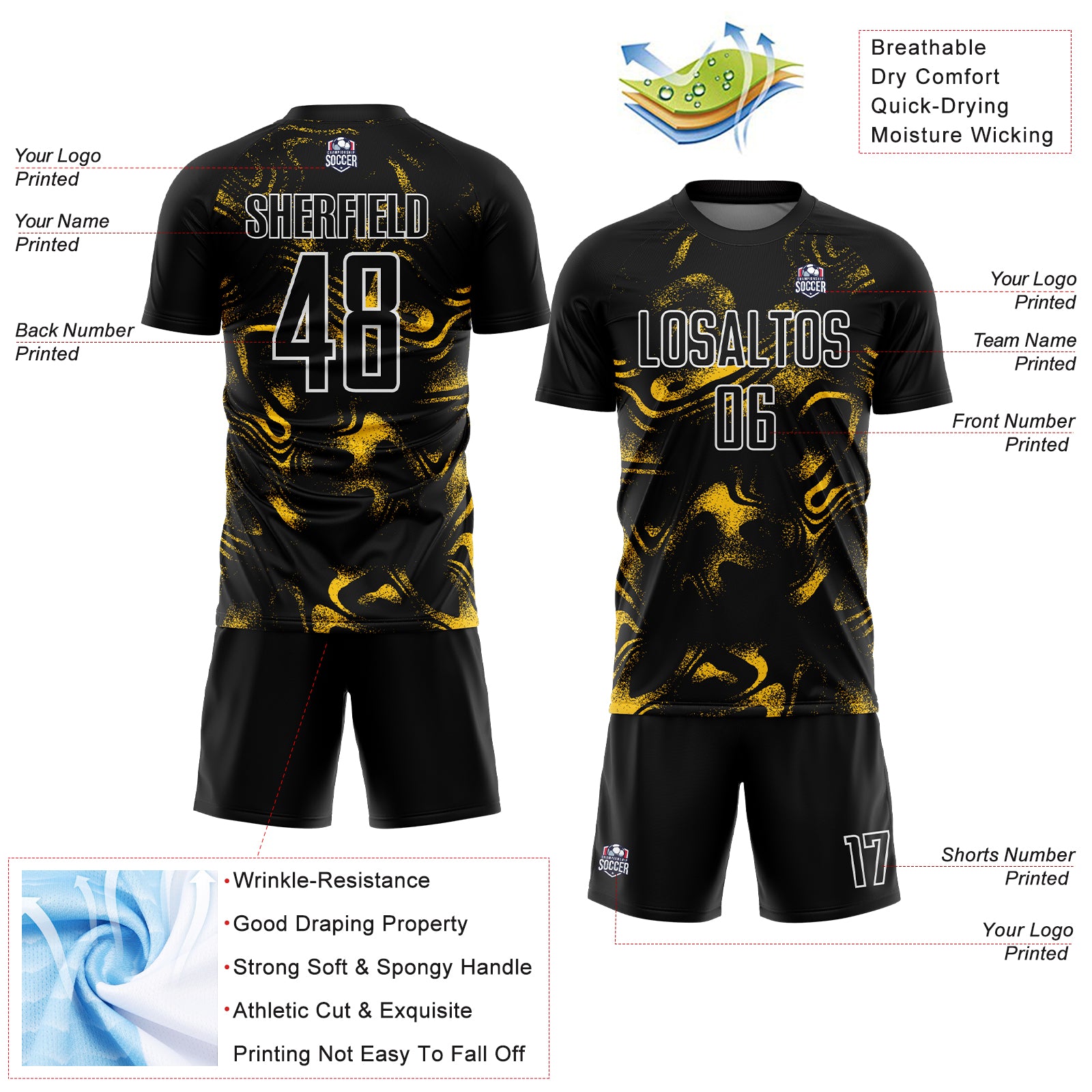 Custom Black Yellow-White Abstract Liquid Sublimation Soccer Uniform Jersey