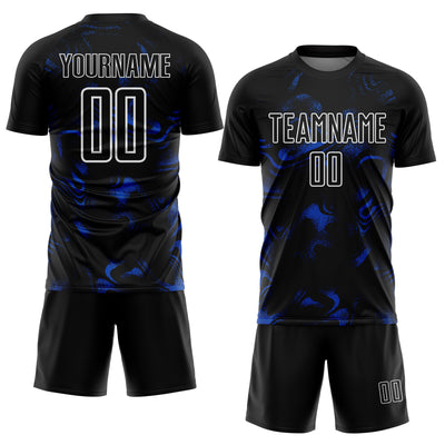 Custom Black Thunder Blue-White Abstract Liquid Sublimation Soccer Uniform Jersey