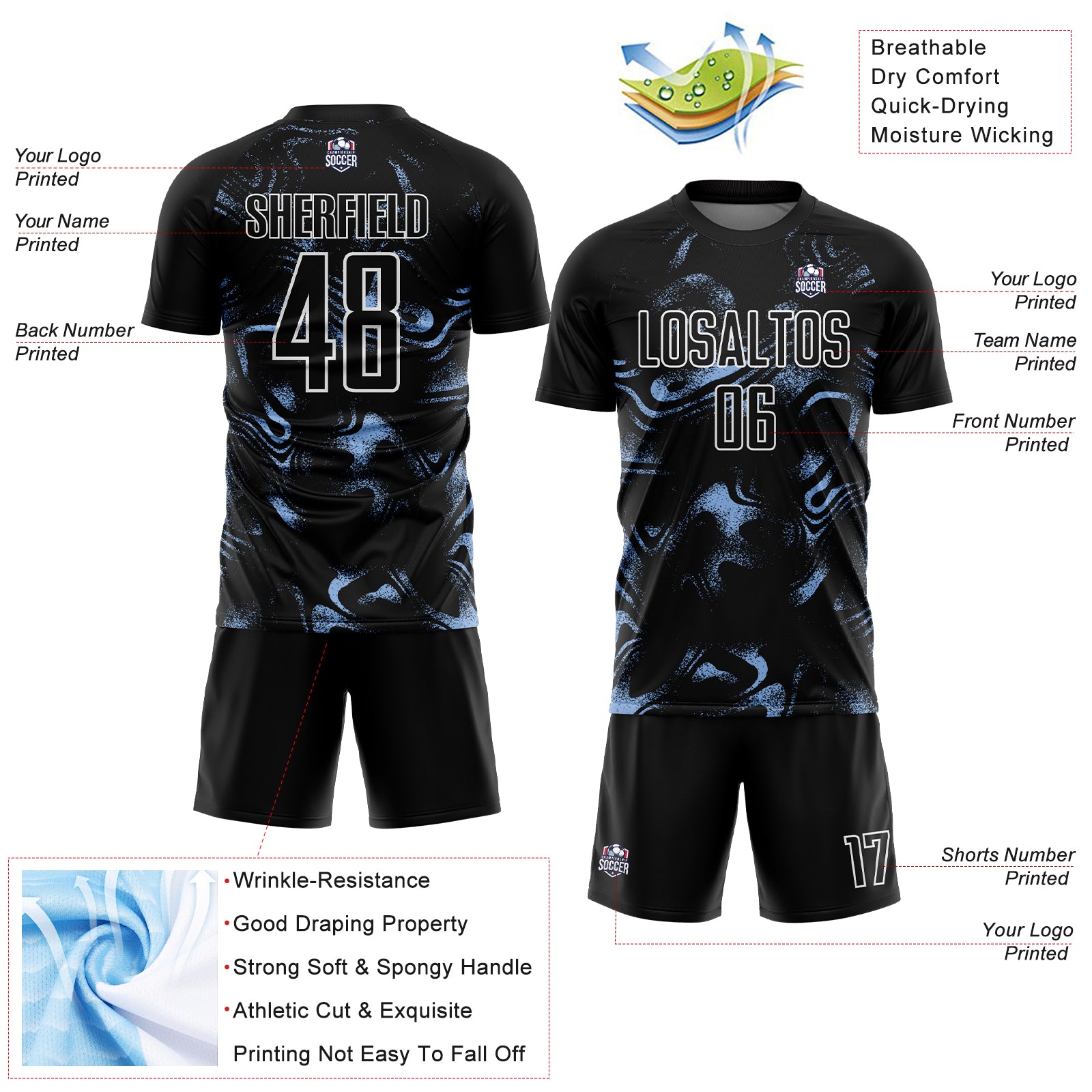 Custom Black Light Blue-White Abstract Liquid Sublimation Soccer Uniform Jersey