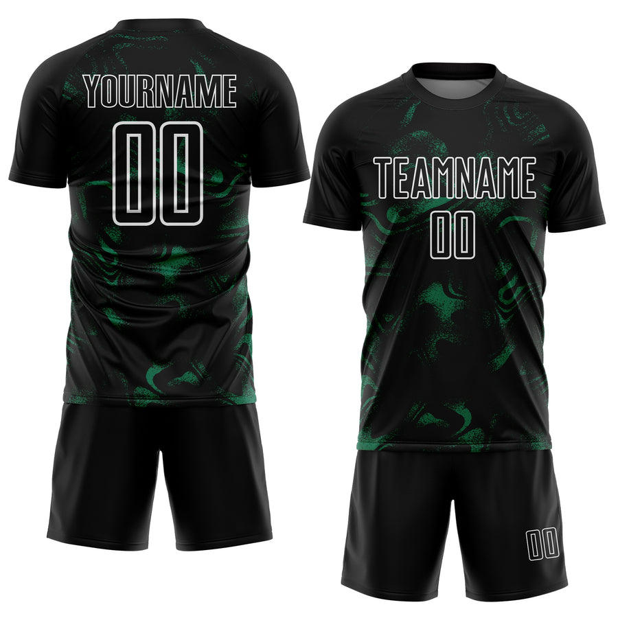 Custom Black Kelly Green-White Abstract Liquid Sublimation Soccer Uniform Jersey