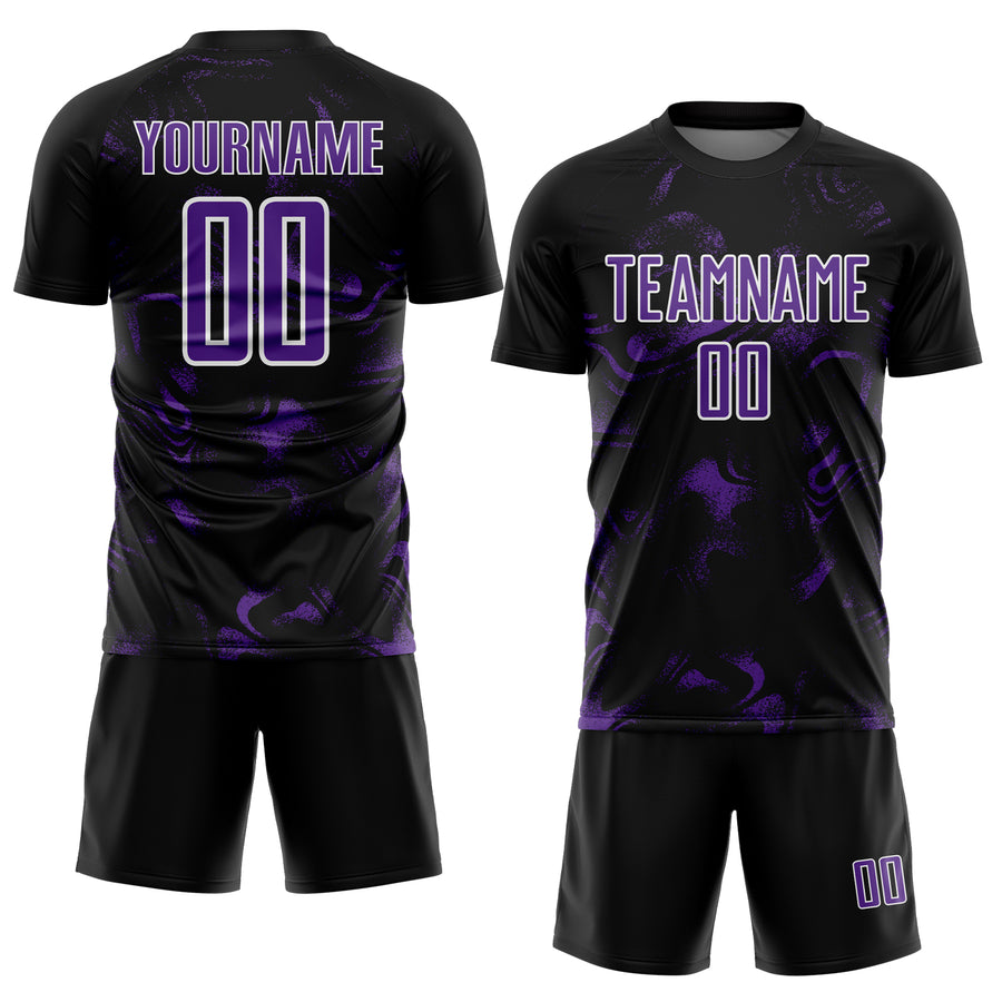 Custom Black Purple-White Abstract Liquid Sublimation Soccer Uniform Jersey