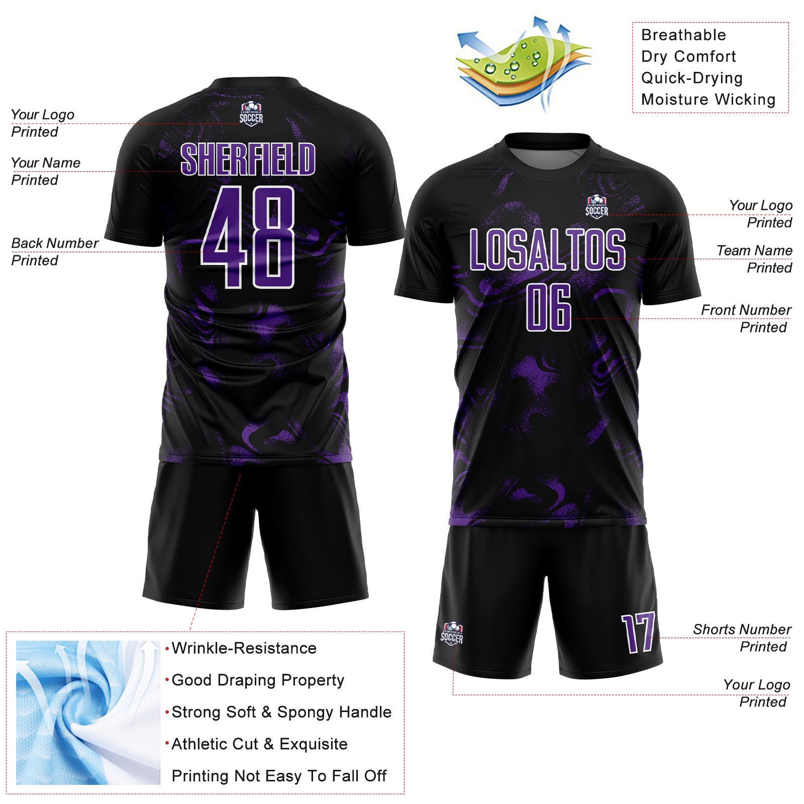 Custom Black Purple-White Abstract Liquid Sublimation Soccer Uniform Jersey