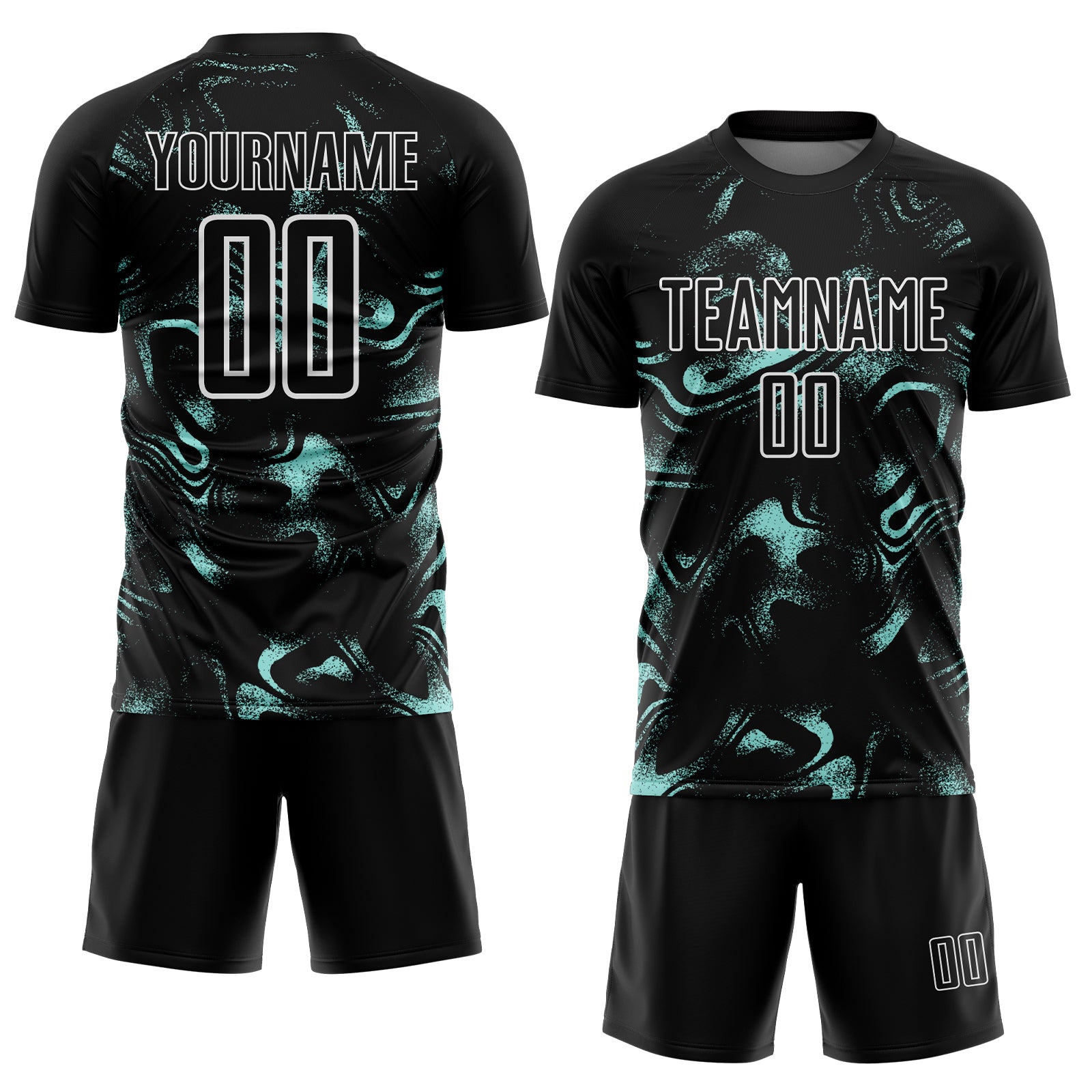 Custom Black Ice Blue-White Abstract Liquid Sublimation Soccer Uniform Jersey