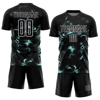 Custom Black Ice Blue-White Abstract Liquid Sublimation Soccer Uniform Jersey