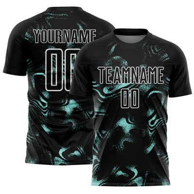 Custom Black Ice Blue-White Abstract Liquid Sublimation Soccer Uniform Jersey