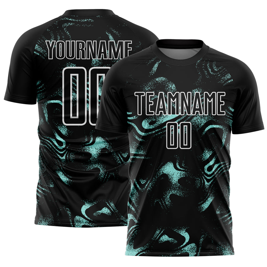 Custom Black Ice Blue-White Abstract Liquid Sublimation Soccer Uniform Jersey