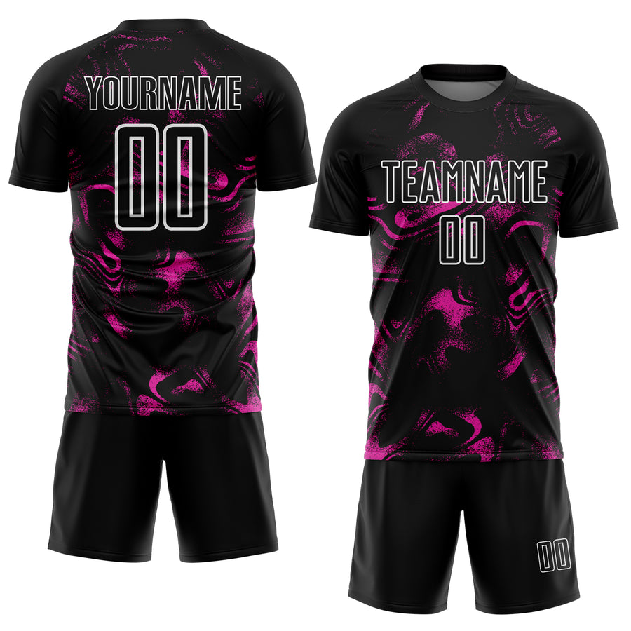 Custom Black Deep Pink-White Abstract Liquid Sublimation Soccer Uniform Jersey