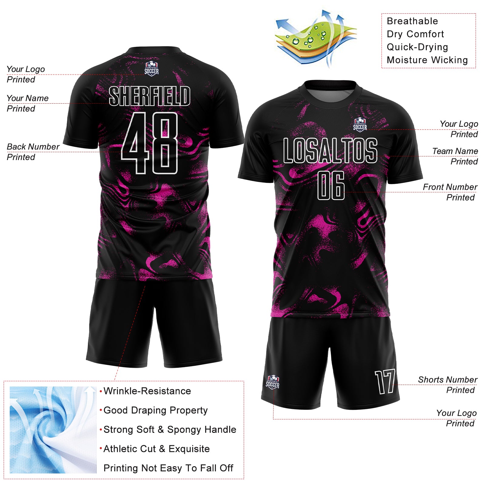 Custom Black Deep Pink-White Abstract Liquid Sublimation Soccer Uniform Jersey
