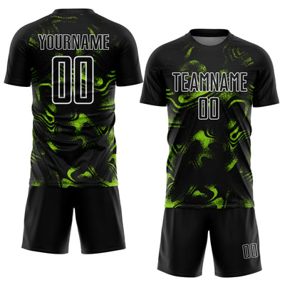 Custom Black Neon Green-White Abstract Liquid Sublimation Soccer Uniform Jersey