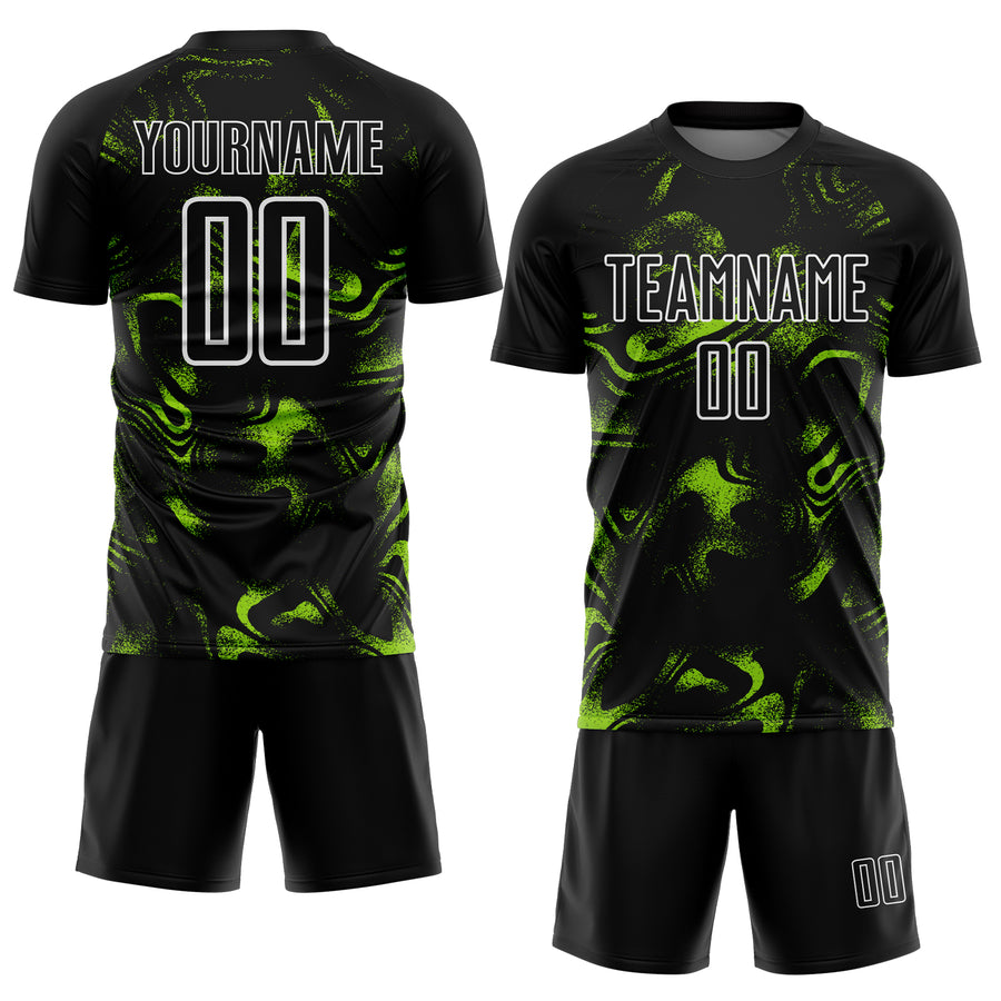 Custom Black Neon Green-White Abstract Liquid Sublimation Soccer Uniform Jersey