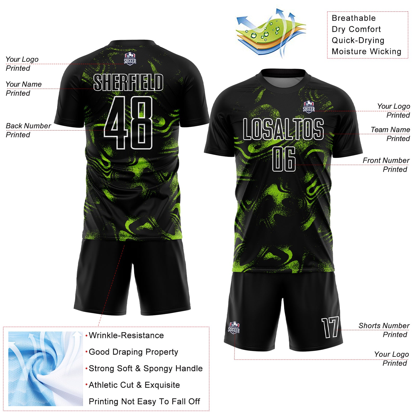 Custom Black Neon Green-White Abstract Liquid Sublimation Soccer Uniform Jersey