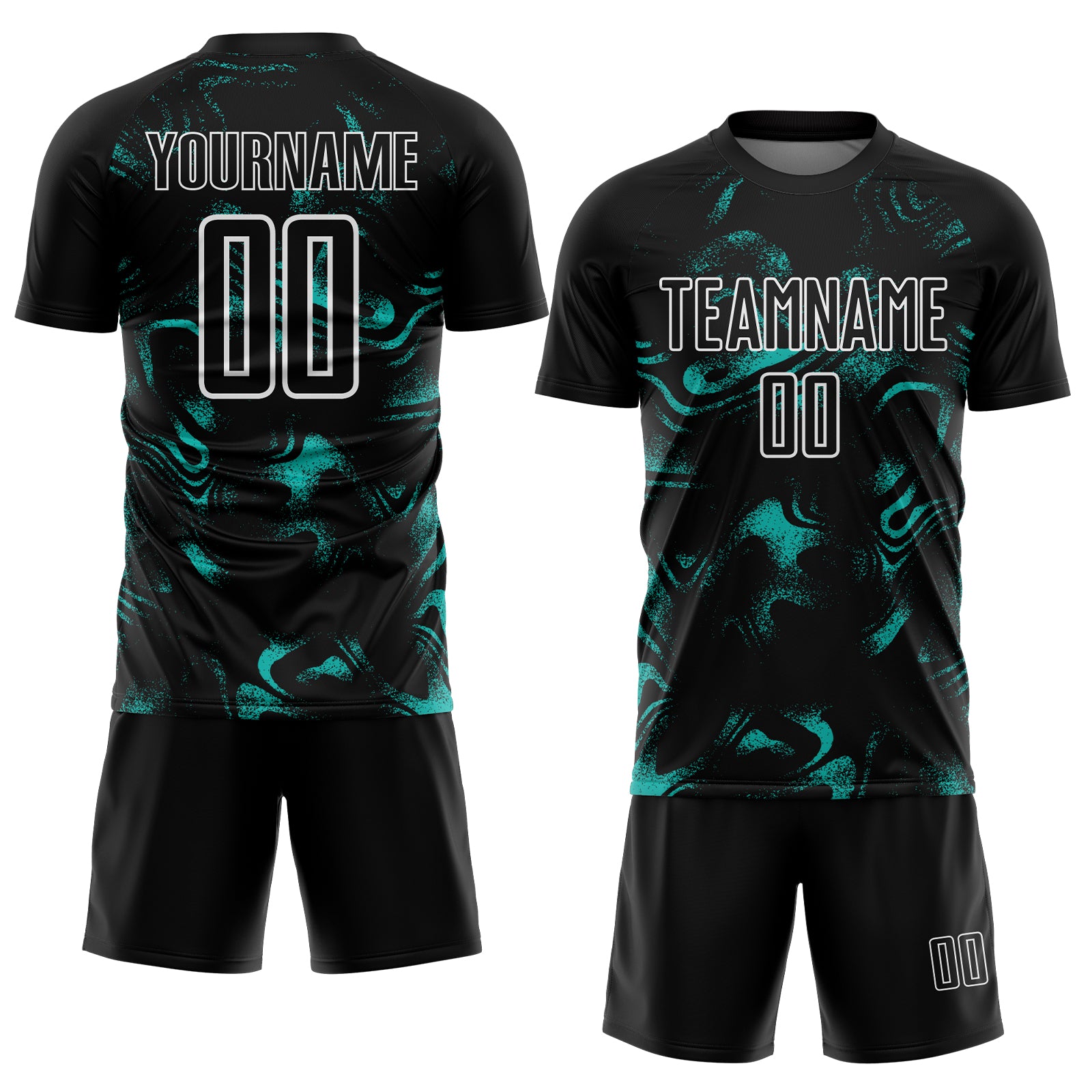 Custom Black Aqua-White Abstract Liquid Sublimation Soccer Uniform Jersey