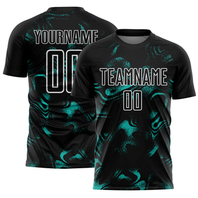 Custom Black Aqua-White Abstract Liquid Sublimation Soccer Uniform Jersey