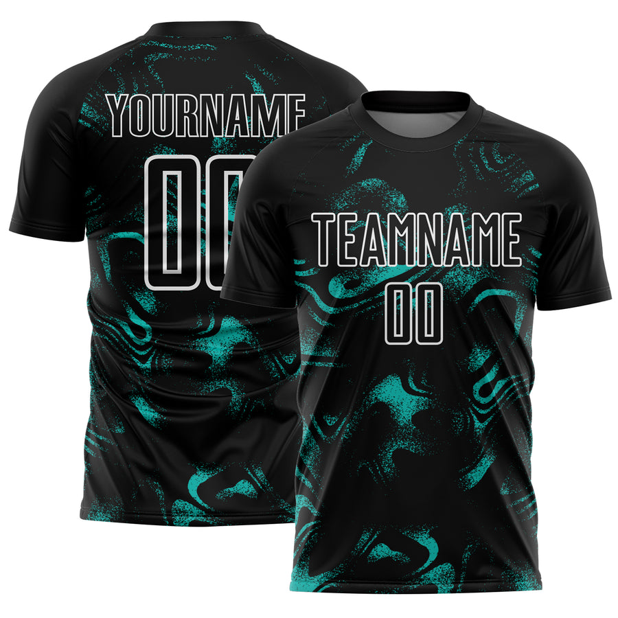 Custom Black Aqua-White Abstract Liquid Sublimation Soccer Uniform Jersey