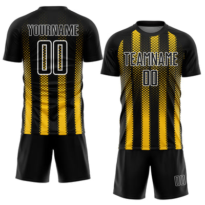 Custom Black Yellow-White Geometric Shape Sublimation Soccer Uniform Jersey