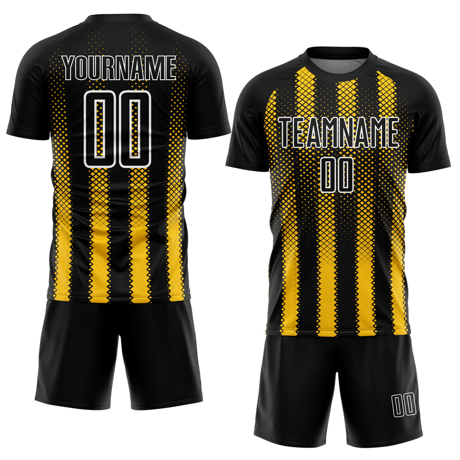 Custom Black Yellow-White Geometric Shape Sublimation Soccer Uniform Jersey