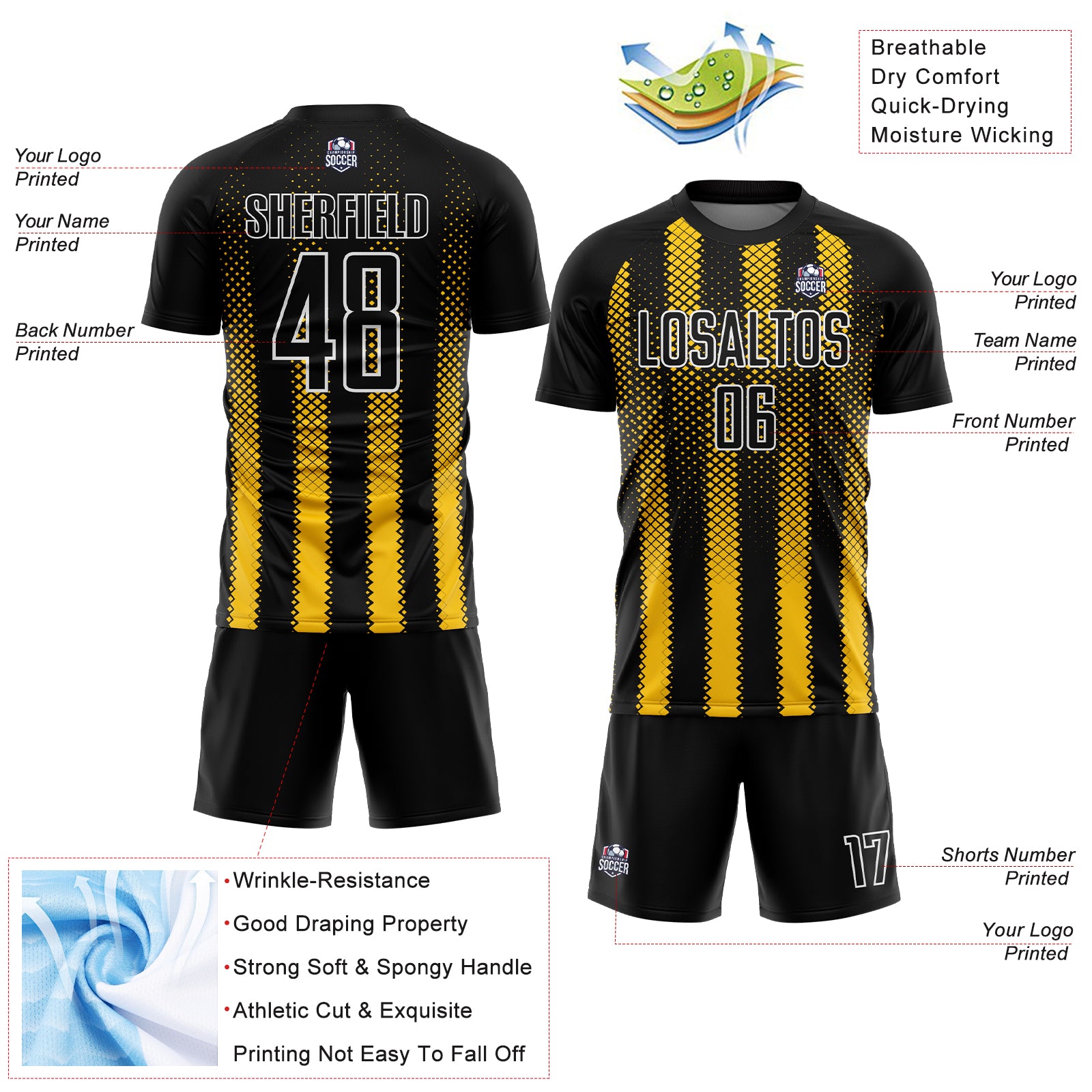 Custom Black Yellow-White Geometric Shape Sublimation Soccer Uniform Jersey