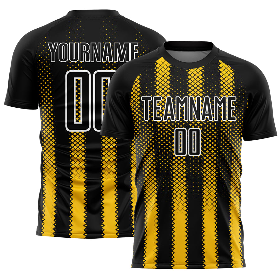 Custom Black Yellow-White Geometric Shape Sublimation Soccer Uniform Jersey