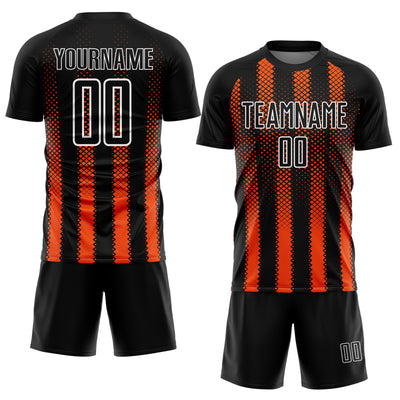 Custom Black Orange-White Geometric Shape Sublimation Soccer Uniform Jersey