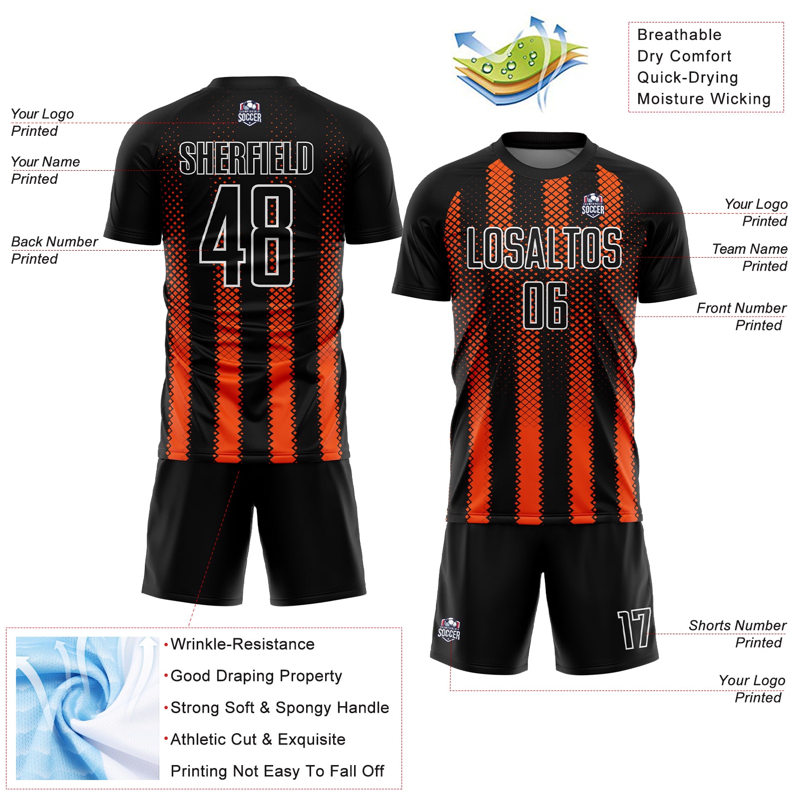Custom Black Orange-White Geometric Shape Sublimation Soccer Uniform Jersey