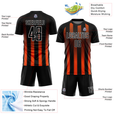 Custom Black Orange-White Geometric Shape Sublimation Soccer Uniform Jersey