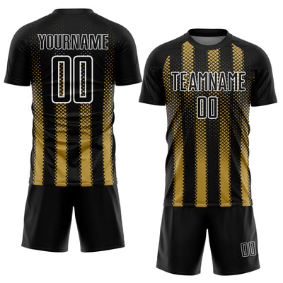 Custom Black Old Gold-White Geometric Shape Sublimation Soccer Uniform Jersey