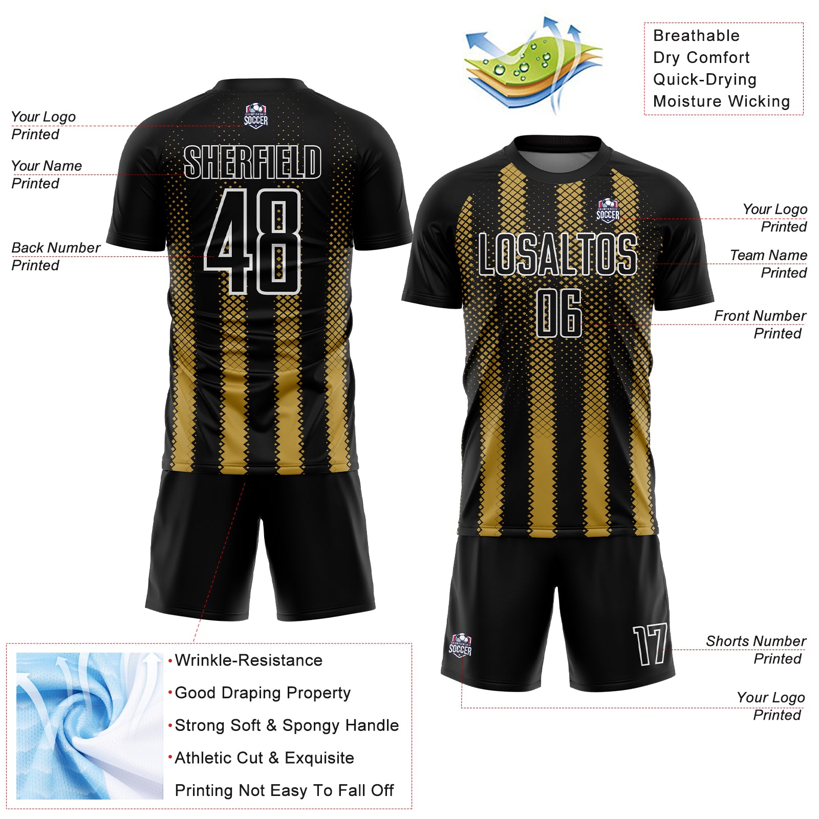 Custom Black Old Gold-White Geometric Shape Sublimation Soccer Uniform Jersey