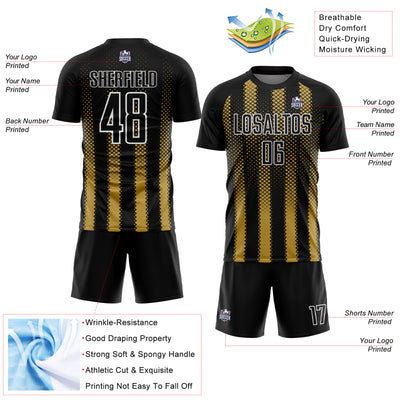 Custom Black Old Gold-White Geometric Shape Sublimation Soccer Uniform Jersey