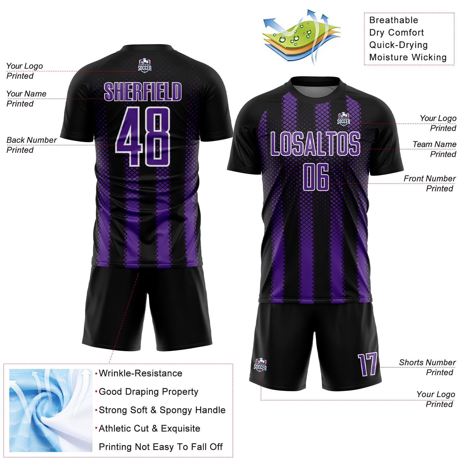 Custom Black Purple-White Geometric Shape Sublimation Soccer Uniform Jersey
