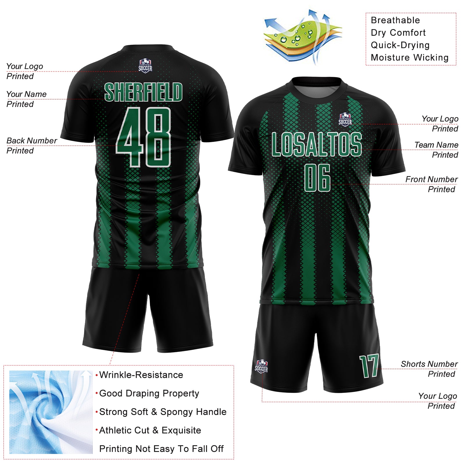 Custom Black Kelly Green-White Geometric Shape Sublimation Soccer Uniform Jersey